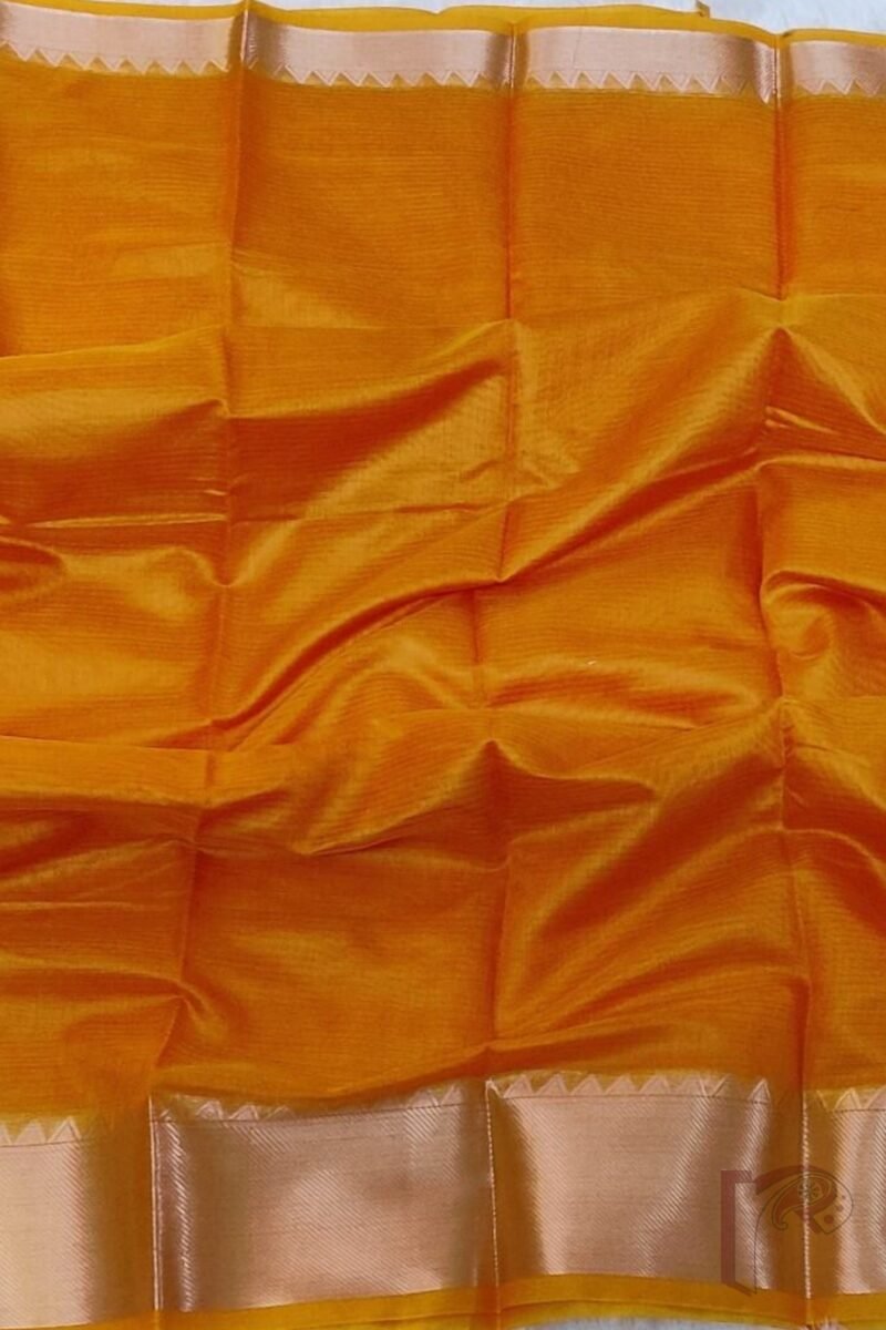 Mangalgiri Moods – Plain Orange Cotton Silk Mangalgiri Saree with Temple Gold Border and Gold Striped Pallu - Image 5