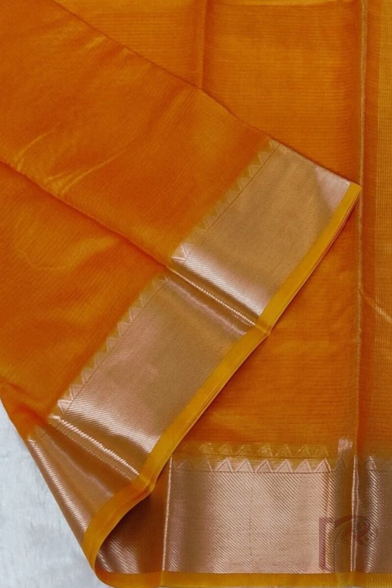 Mangalgiri Moods – Plain Orange Cotton Silk Mangalgiri Saree with Temple Gold Border and Gold Striped Pallu - Image 6