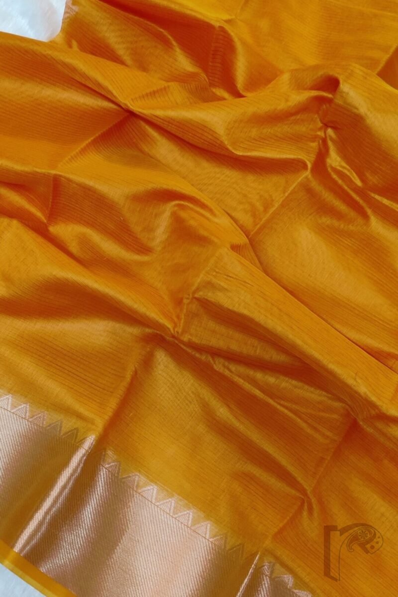 Mangalgiri Moods – Plain Orange Cotton Silk Mangalgiri Saree with Temple Gold Border and Gold Striped Pallu - Image 7