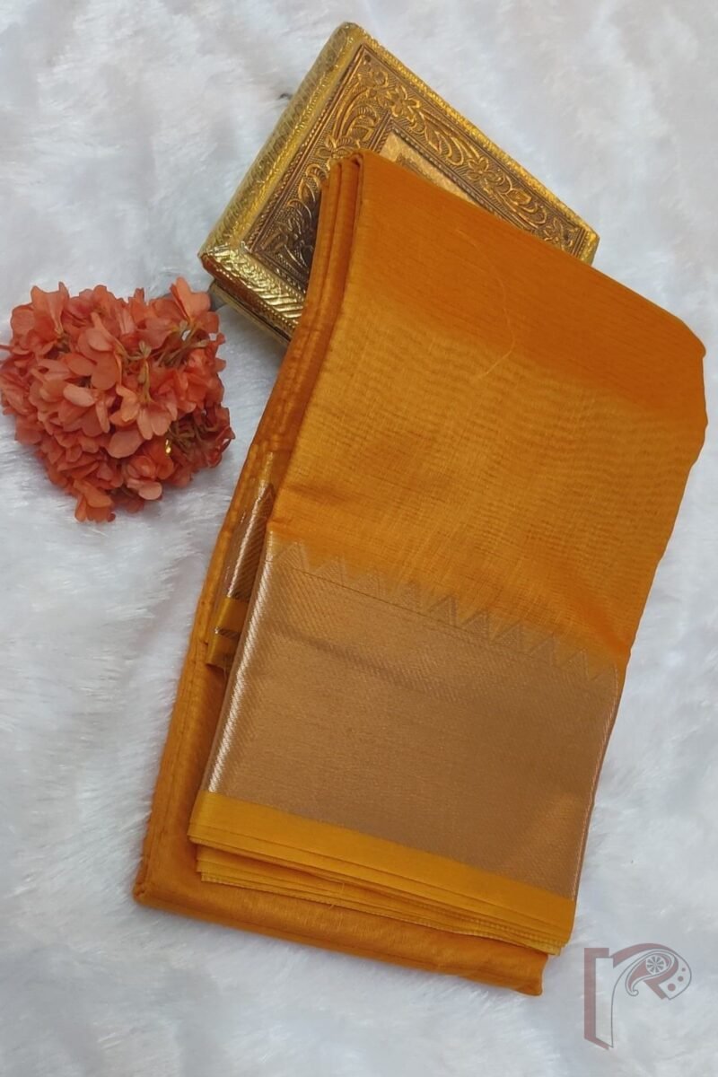 Mangalgiri Moods – Plain Orange Cotton Silk Mangalgiri Saree with Temple Gold Border and Gold Striped Pallu