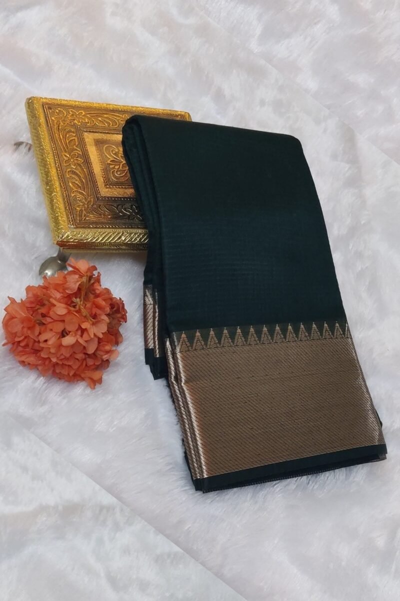 Mangalgiri Moods – Plain Dark Bottle Green Cotton Silk Mangalgiri Saree with Temple Border and Gold Pallu