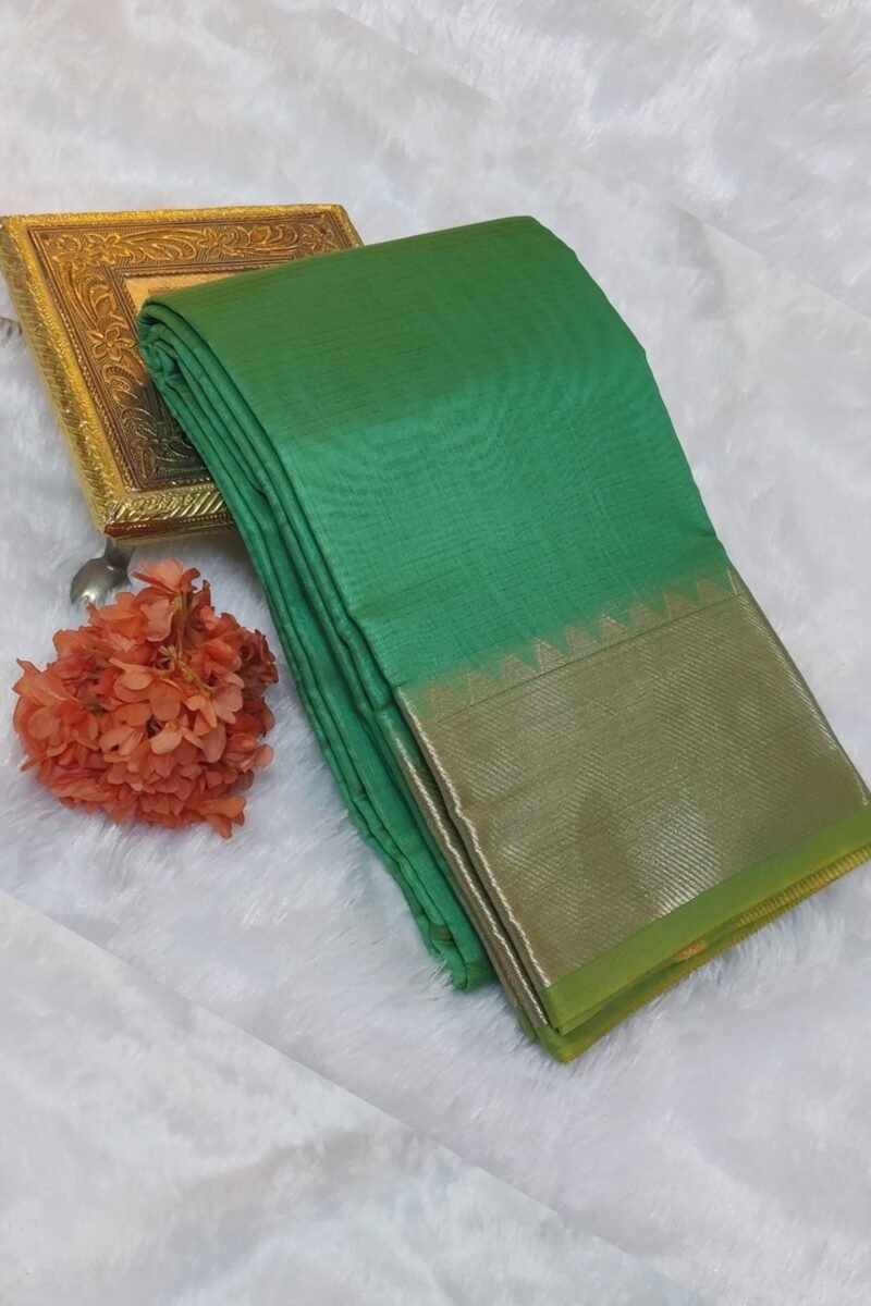 Mangalgiri Moods – Plain Green Cotton Silk Mangalgiri Saree with Golden Temple Border and Subtle Pallu