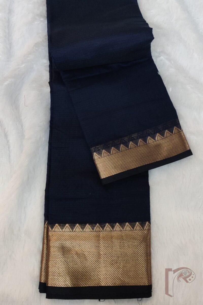 Mangalgiri Moods – Plain Dark Navy Blue Cotton Silk Mangalgiri Saree with Temple Border and Gold Pallu Stripes - Image 3