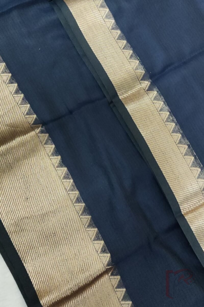 Mangalgiri Moods – Plain Dark Navy Blue Cotton Silk Mangalgiri Saree with Temple Border and Gold Pallu Stripes - Image 6