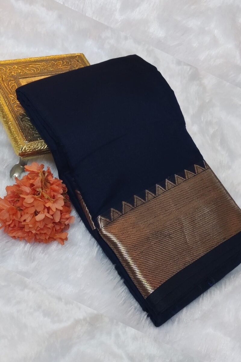 Mangalgiri Moods – Plain Dark Navy Blue Cotton Silk Mangalgiri Saree with Temple Border and Gold Pallu Stripes