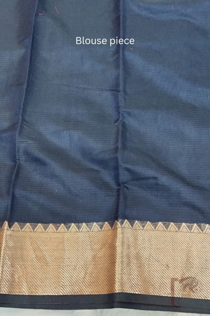 Mangalgiri Moods – Plain Dark Navy Blue Cotton Silk Mangalgiri Saree with Temple Border and Gold Pallu Stripes - Image 9