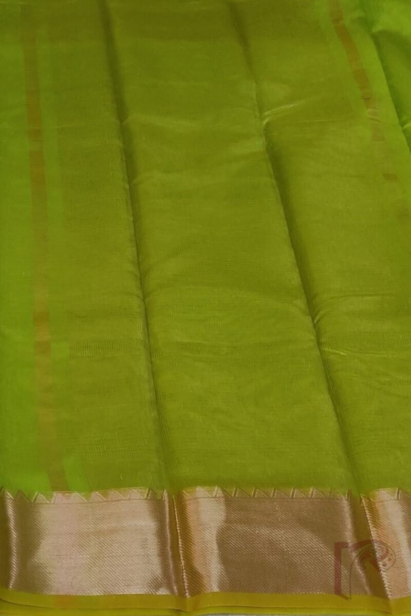 Mangalgiri Moods – Plain Light Leaf Green Cotton Silk Mangalgiri Saree with Temple Border and Striped Pallu - Image 8