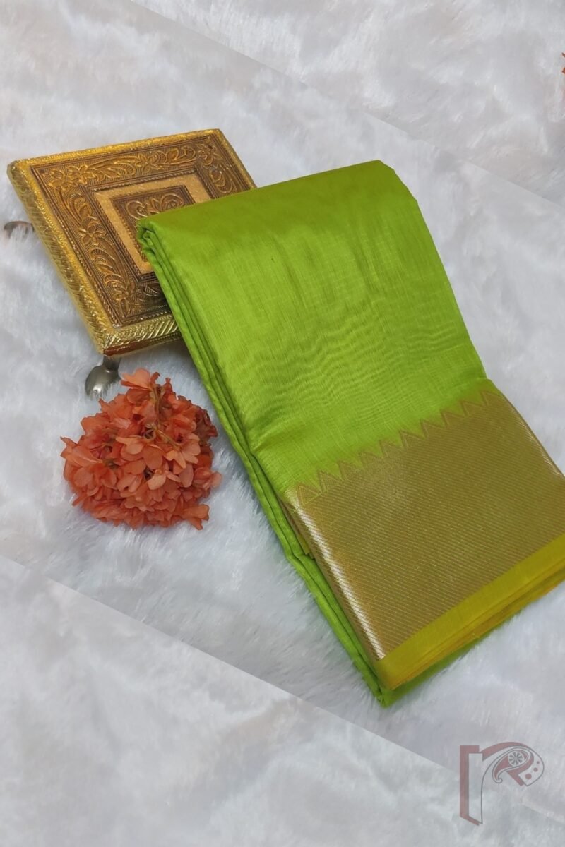 Mangalgiri Moods – Plain Light Leaf Green Cotton Silk Mangalgiri Saree with Temple Border and Striped Pallu