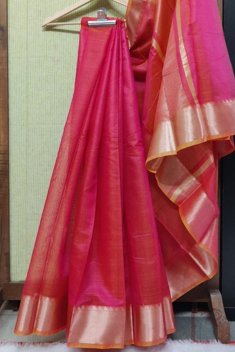Mangalgiri Moods – Dual Tone Pink and Orange Cotton Silk Mangalgiri Saree with Temple Gold Border and Gold Stripe Pallu - Image 2