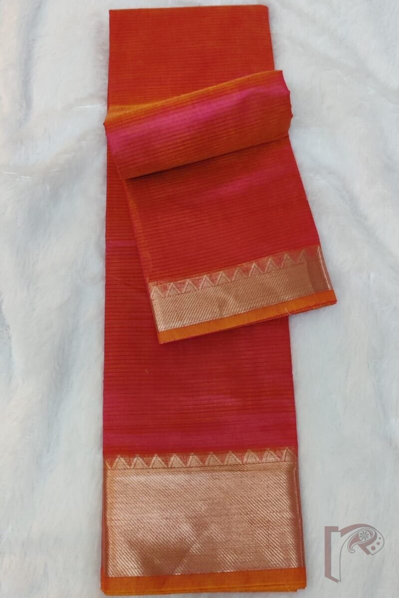Mangalgiri Moods – Dual Tone Pink and Orange Cotton Silk Mangalgiri Saree with Temple Gold Border and Gold Stripe Pallu - Image 3