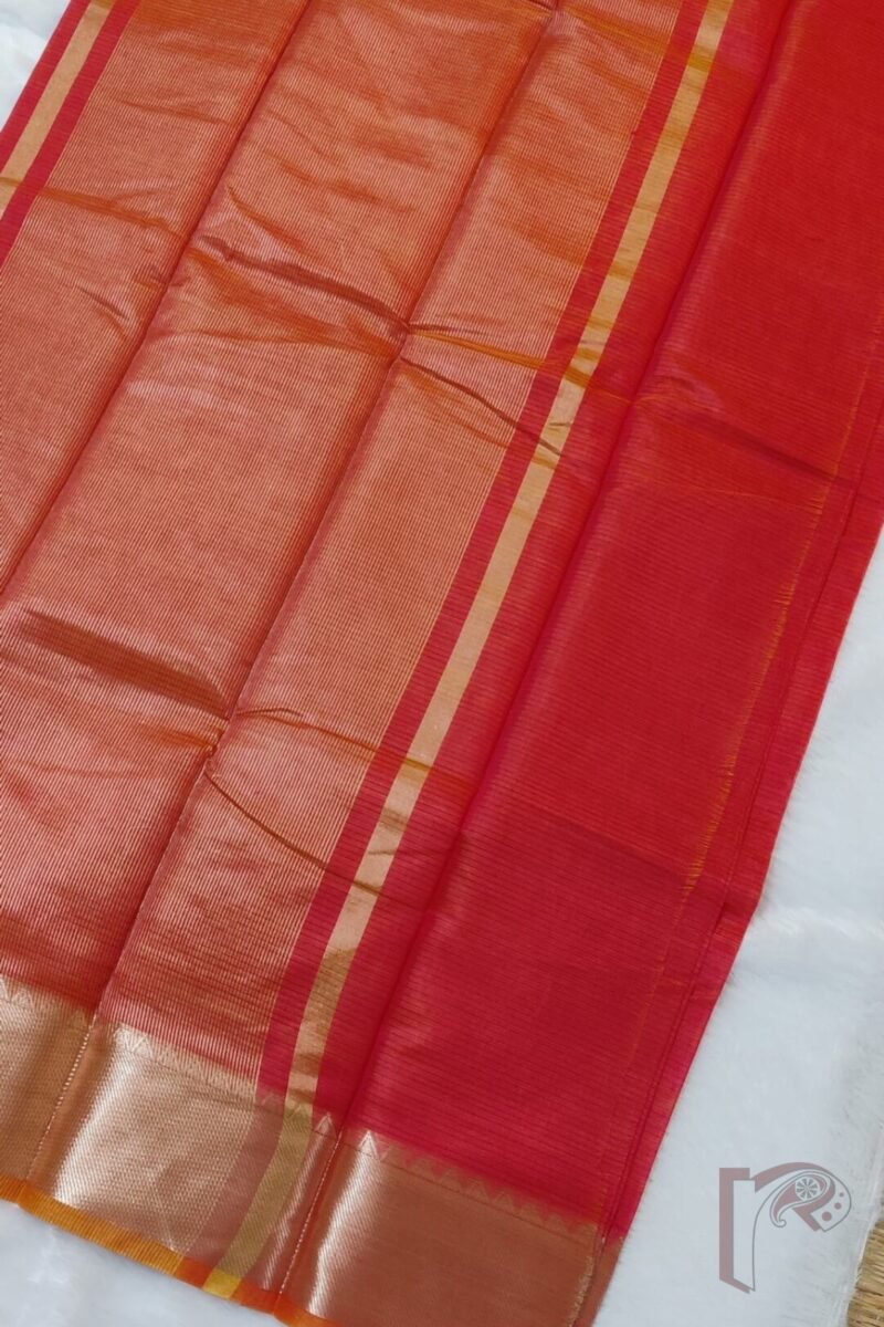 Mangalgiri Moods – Dual Tone Pink and Orange Cotton Silk Mangalgiri Saree with Temple Gold Border and Gold Stripe Pallu - Image 4