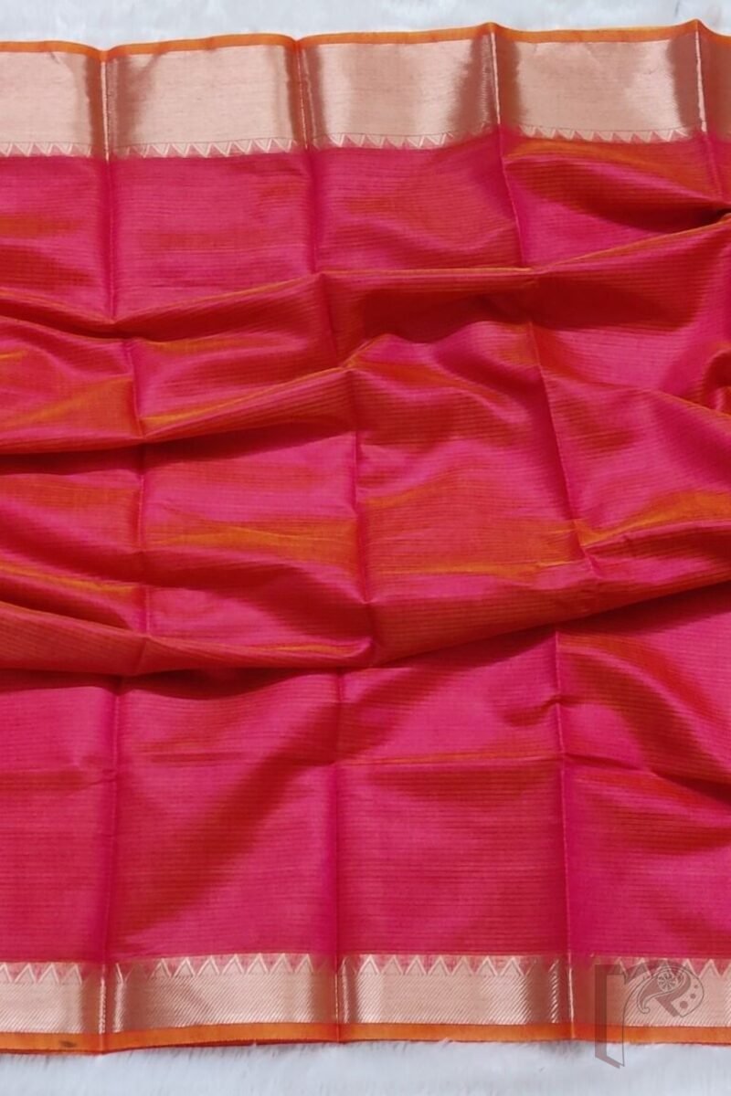 Mangalgiri Moods – Dual Tone Pink and Orange Cotton Silk Mangalgiri Saree with Temple Gold Border and Gold Stripe Pallu - Image 5