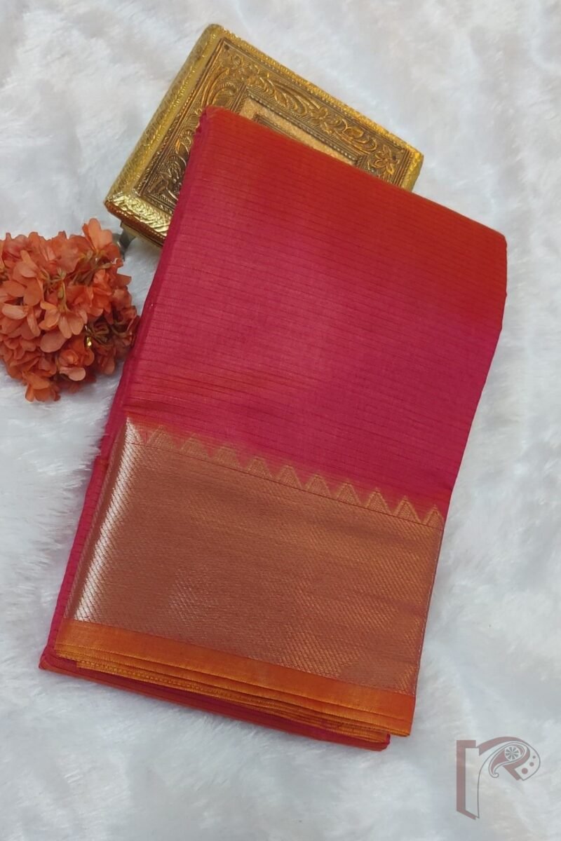 Mangalgiri Moods – Dual Tone Pink and Orange Cotton Silk Mangalgiri Saree with Temple Gold Border and Gold Stripe Pallu