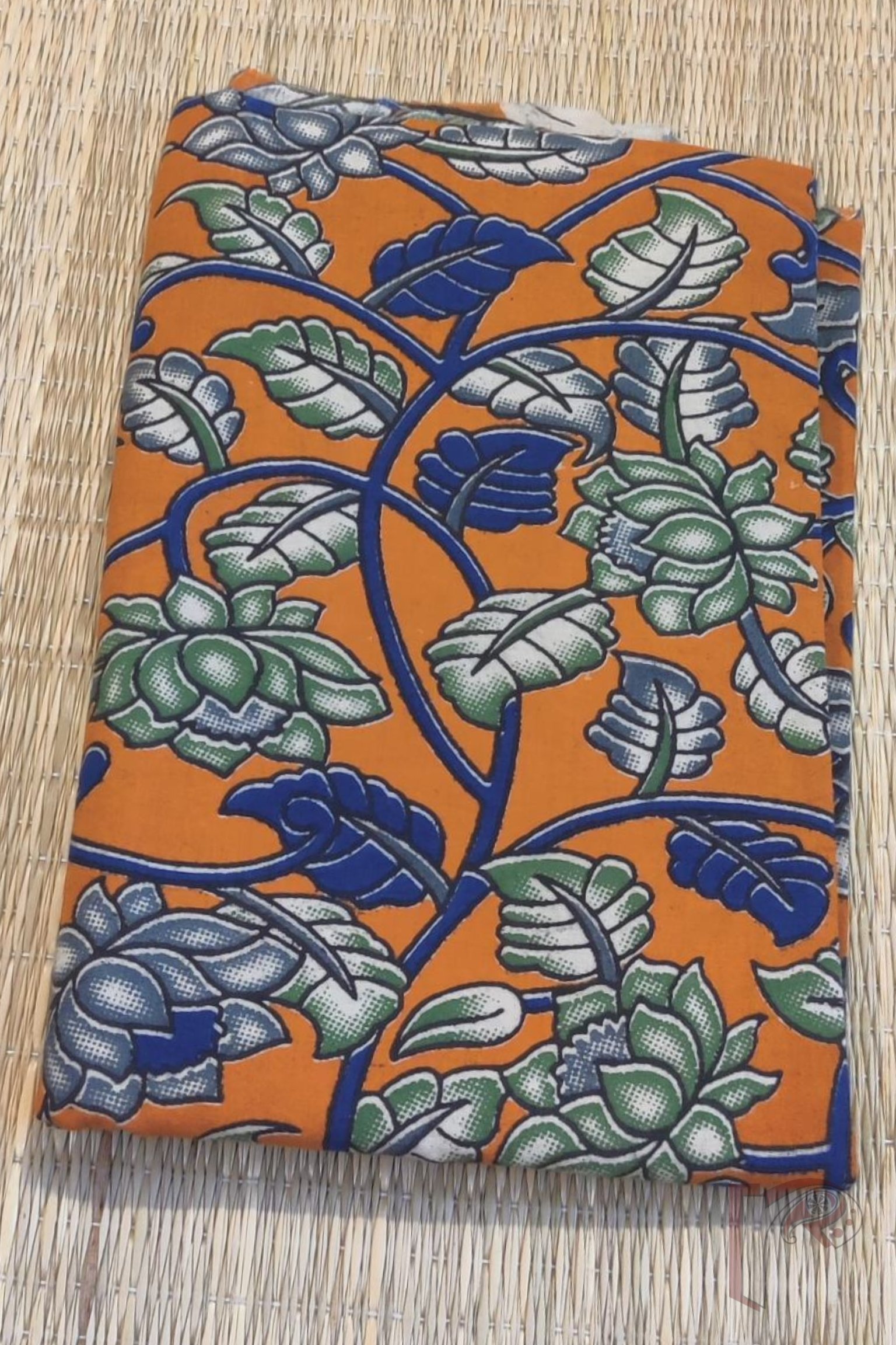 Bright Orange Cotton Kalamkari Blouse with Lotus and Leaf Motifs in Green and Blue - Image 2
