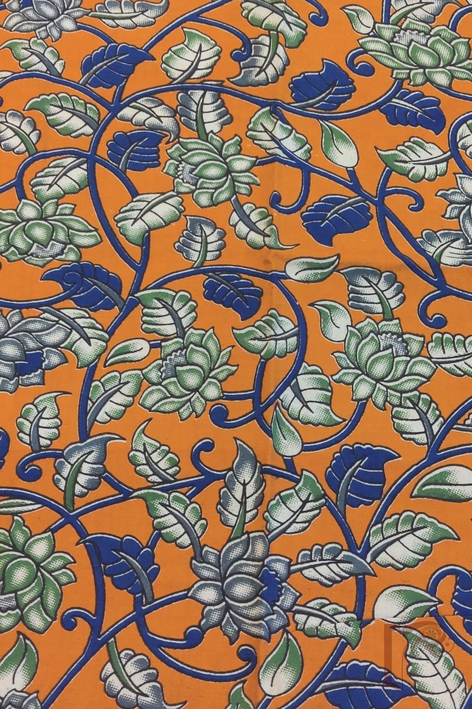 Bright Orange Cotton Kalamkari Blouse with Lotus and Leaf Motifs in Green and Blue - Image 3