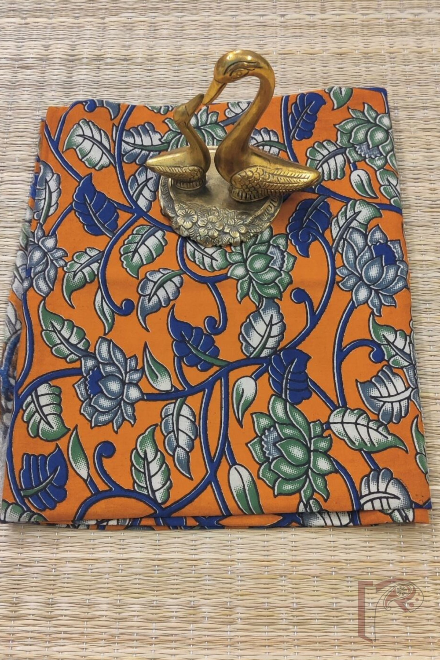 Bright Orange Cotton Kalamkari Blouse with Lotus and Leaf Motifs in Green and Blue