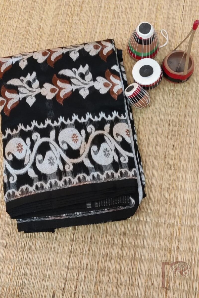 Jamdani Joy – Black Mercerized Cotton Jamdani Saree with White Motifs and Bronze Accents - Image 2