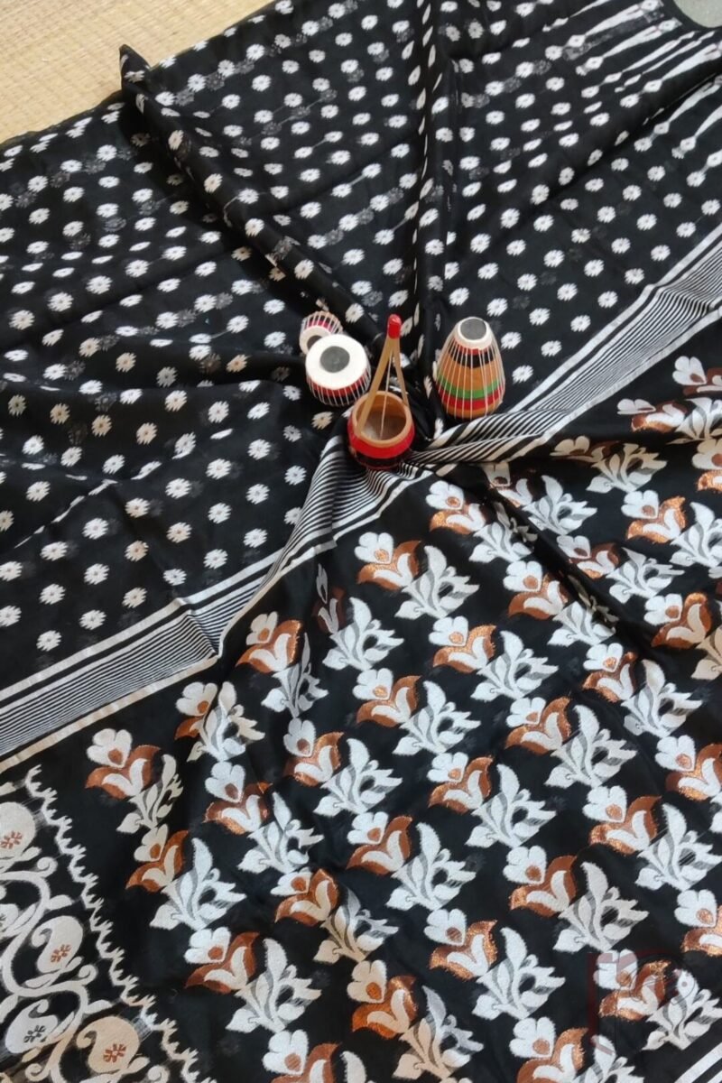 Jamdani Joy – Black Mercerized Cotton Jamdani Saree with White Motifs and Bronze Accents - Image 5