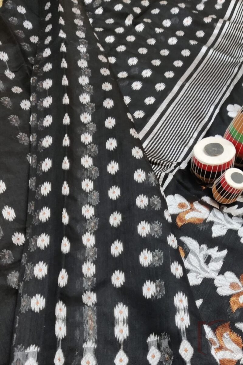 Jamdani Joy – Black Mercerized Cotton Jamdani Saree with White Motifs and Bronze Accents - Image 6