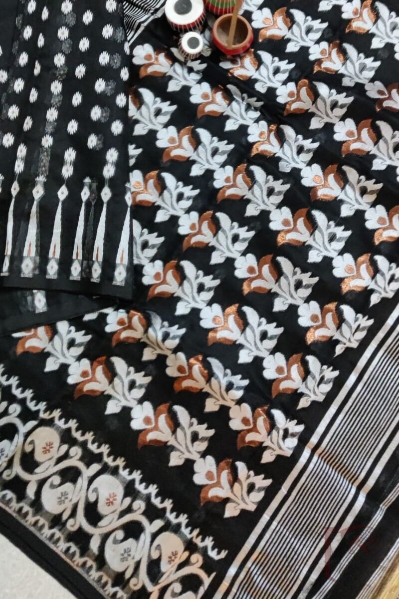 Jamdani Joy – Black Mercerized Cotton Jamdani Saree with White Motifs and Bronze Accents - Image 7