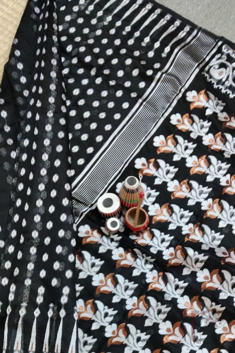 Jamdani Joy – Black Mercerized Cotton Jamdani Saree with White Motifs and Bronze Accents - Image 8
