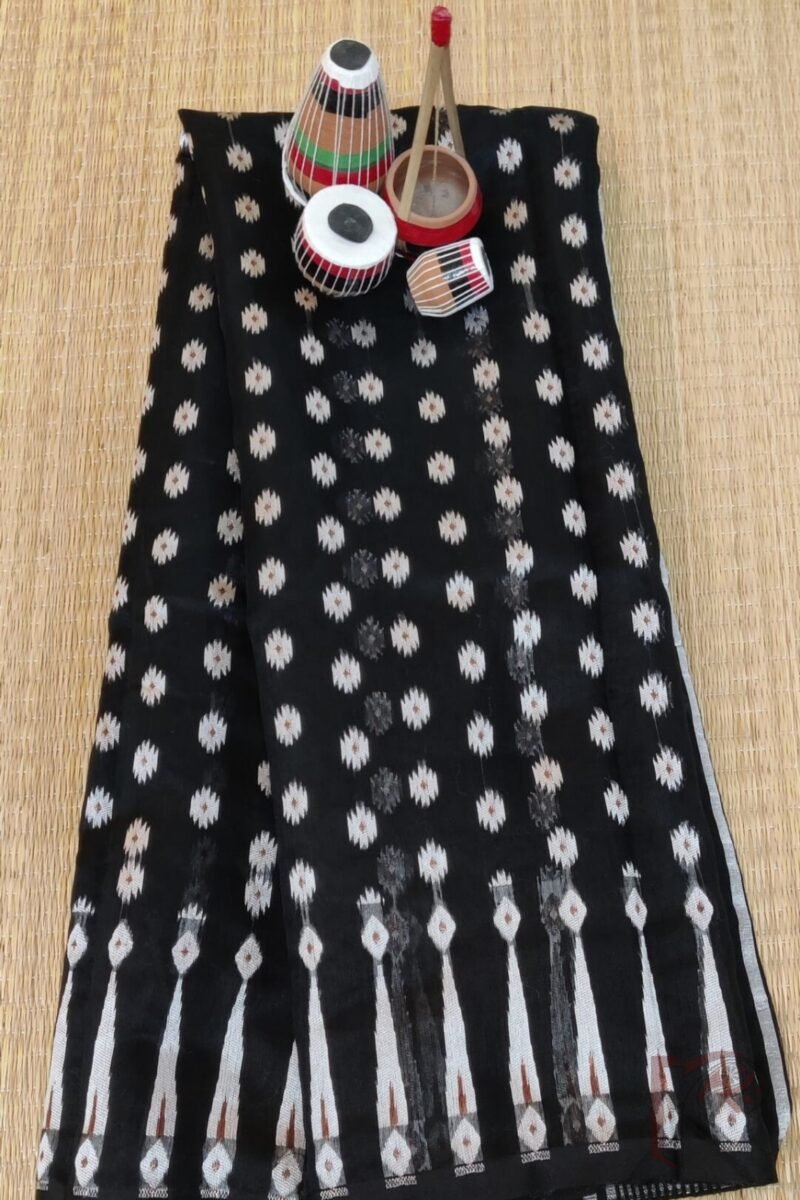 Jamdani Joy – Black Mercerized Cotton Jamdani Saree with White Motifs and Bronze Accents