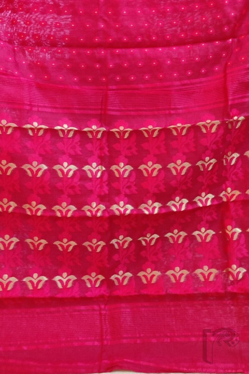 Jamdani Joy – Bright Red Mercerized Cotton Jamdani Saree with Self Motifs and Gold Dot Details - Image 3