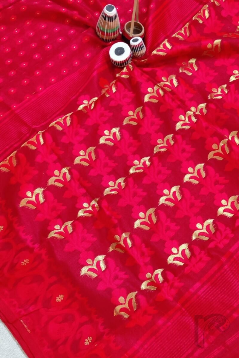 Jamdani Joy – Bright Red Mercerized Cotton Jamdani Saree with Self Motifs and Gold Dot Details - Image 5