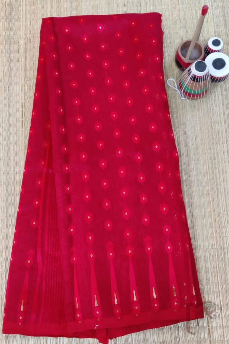Jamdani Joy – Bright Red Mercerized Cotton Jamdani Saree with Self Motifs and Gold Dot Details