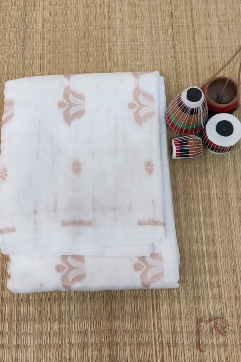 Jamdani Joy – Pure White Mercerized Cotton Jamdani Saree with Copper Dot Motifs and Heavy Pallu - Image 2