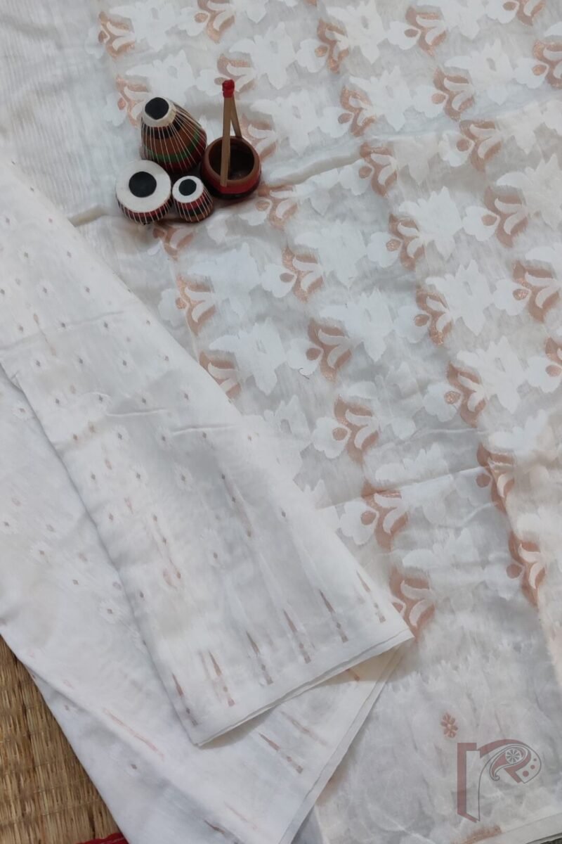 Jamdani Joy – Pure White Mercerized Cotton Jamdani Saree with Copper Dot Motifs and Heavy Pallu - Image 6