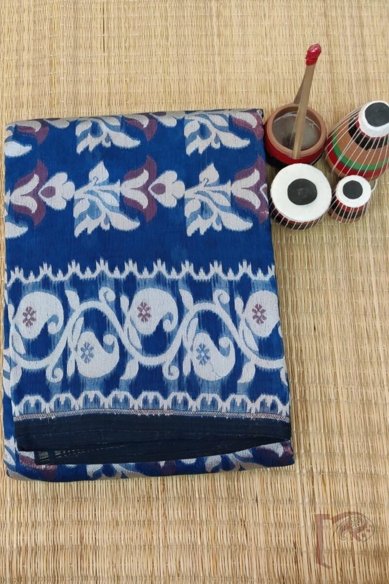 Jamdani Joy – Peacock Blue Mercerized Cotton Jamdani Saree with White and Bronze Motifs - Image 2