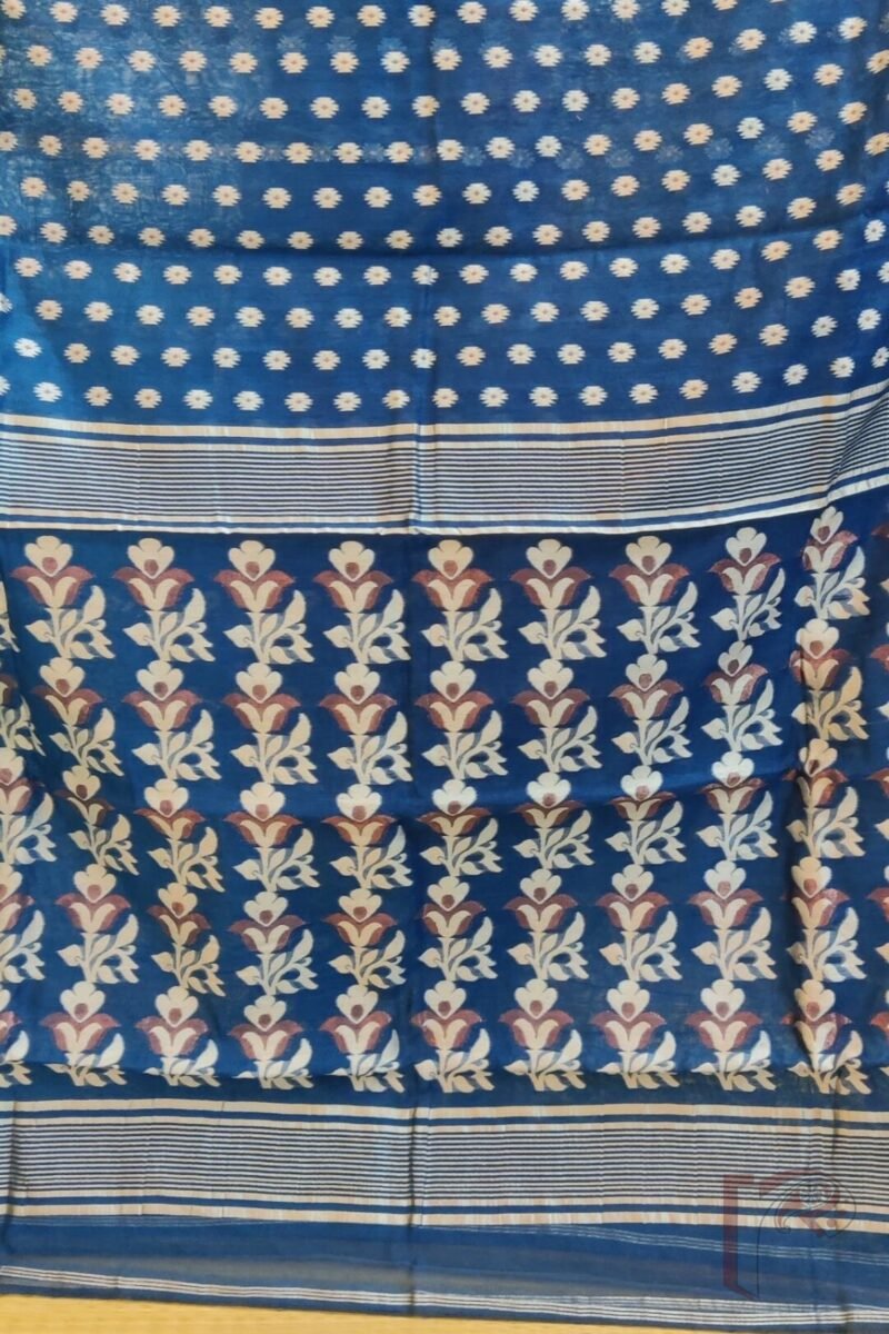 Jamdani Joy – Peacock Blue Mercerized Cotton Jamdani Saree with White and Bronze Motifs - Image 3