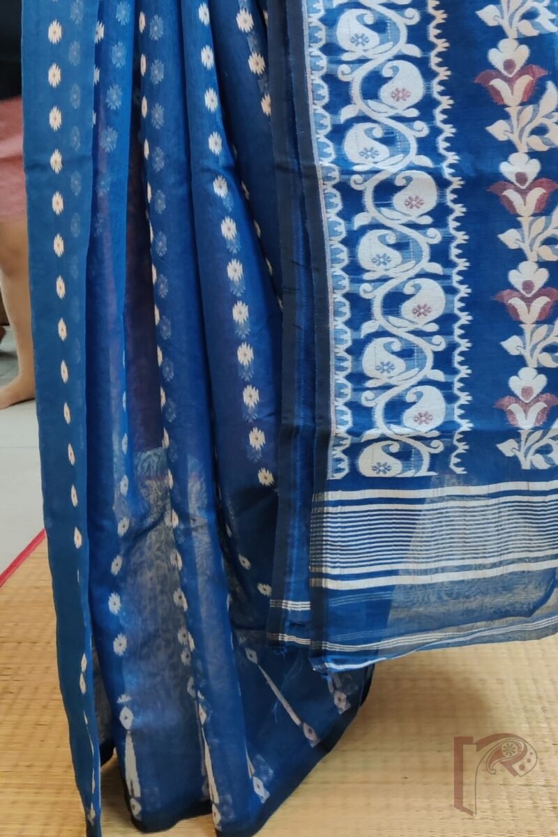Jamdani Joy – Peacock Blue Mercerized Cotton Jamdani Saree with White and Bronze Motifs - Image 4