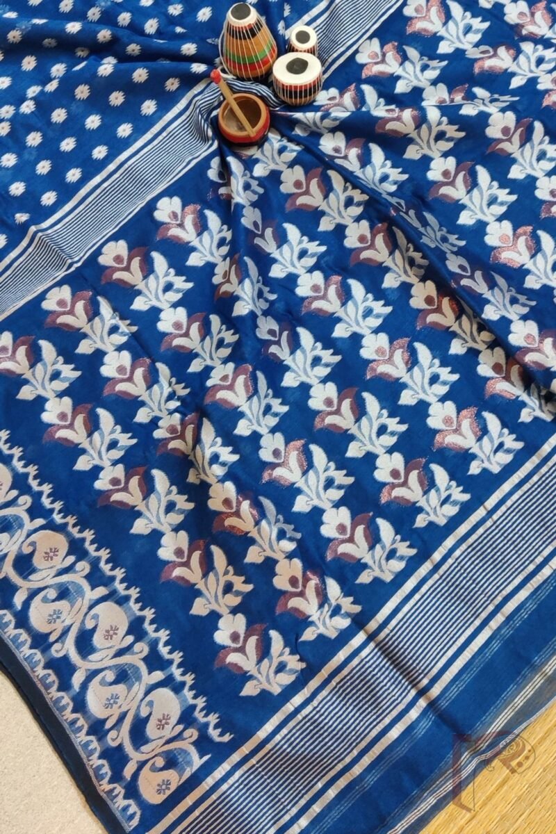 Jamdani Joy – Peacock Blue Mercerized Cotton Jamdani Saree with White and Bronze Motifs - Image 5