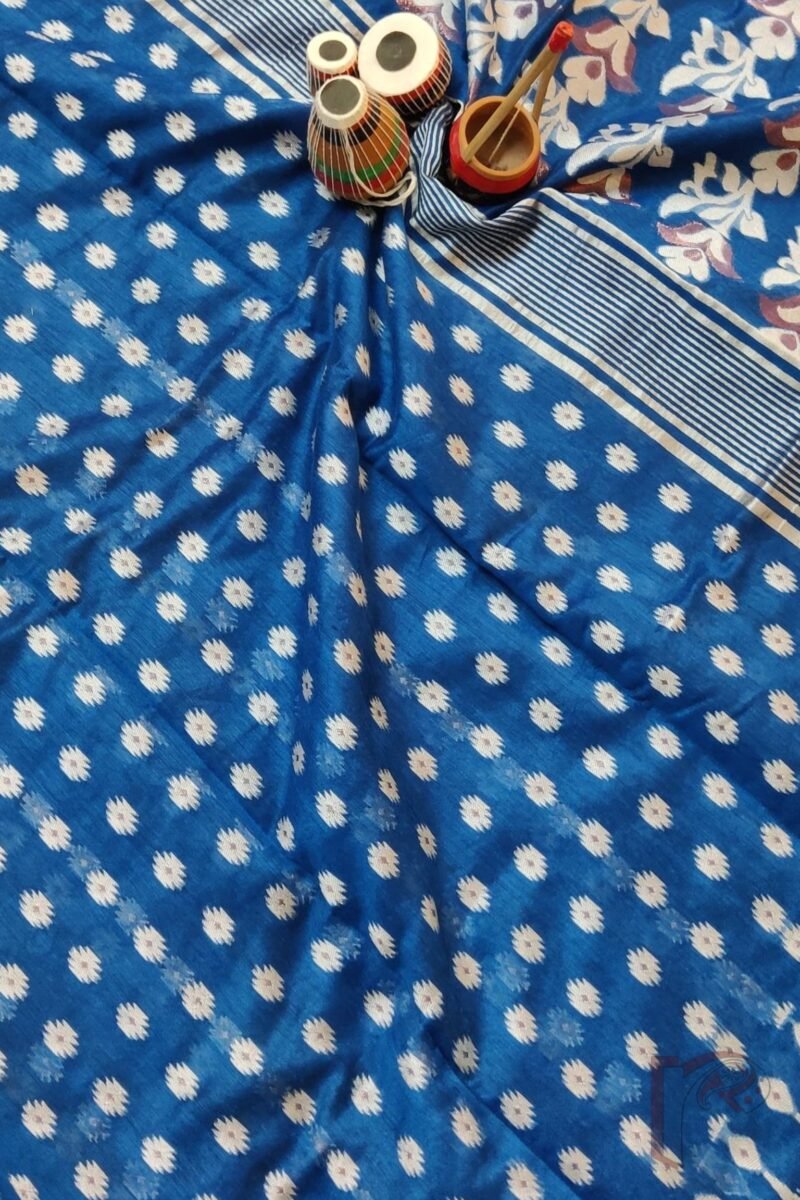 Jamdani Joy – Peacock Blue Mercerized Cotton Jamdani Saree with White and Bronze Motifs - Image 6