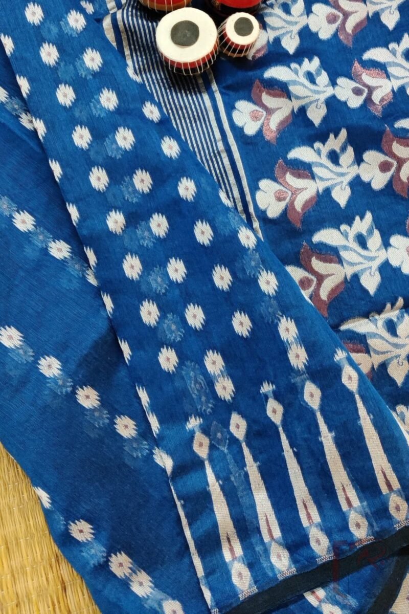 Jamdani Joy – Peacock Blue Mercerized Cotton Jamdani Saree with White and Bronze Motifs - Image 7