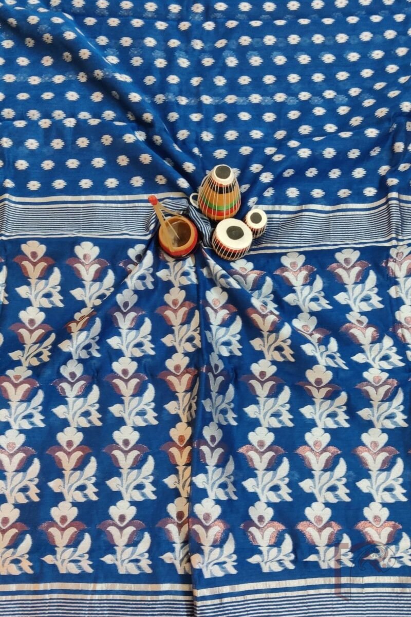Jamdani Joy – Peacock Blue Mercerized Cotton Jamdani Saree with White and Bronze Motifs - Image 8