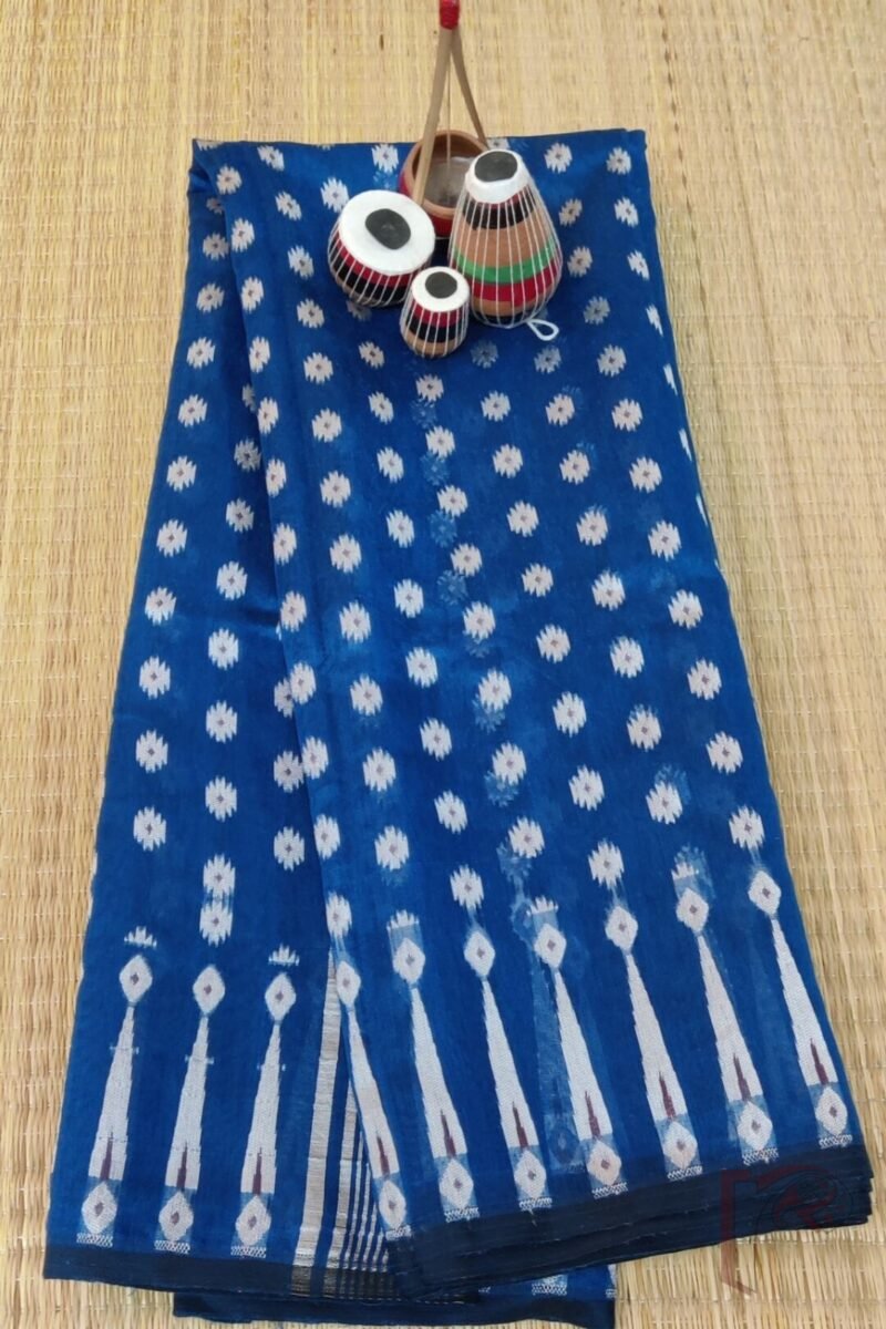 Jamdani Joy – Peacock Blue Mercerized Cotton Jamdani Saree with White and Bronze Motifs