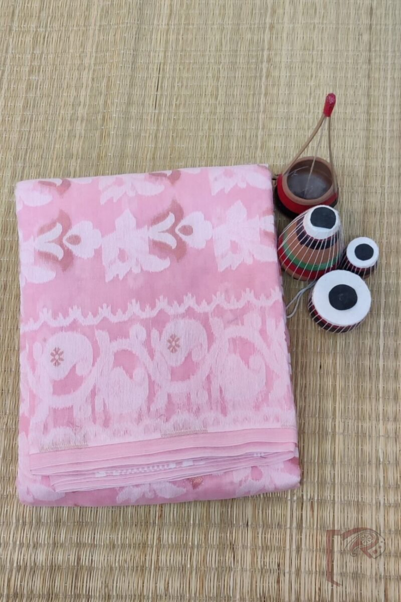 Jamdani Joy – Baby Pink Mercerized Cotton Jamdani Saree with White and Bronze Details - Image 2