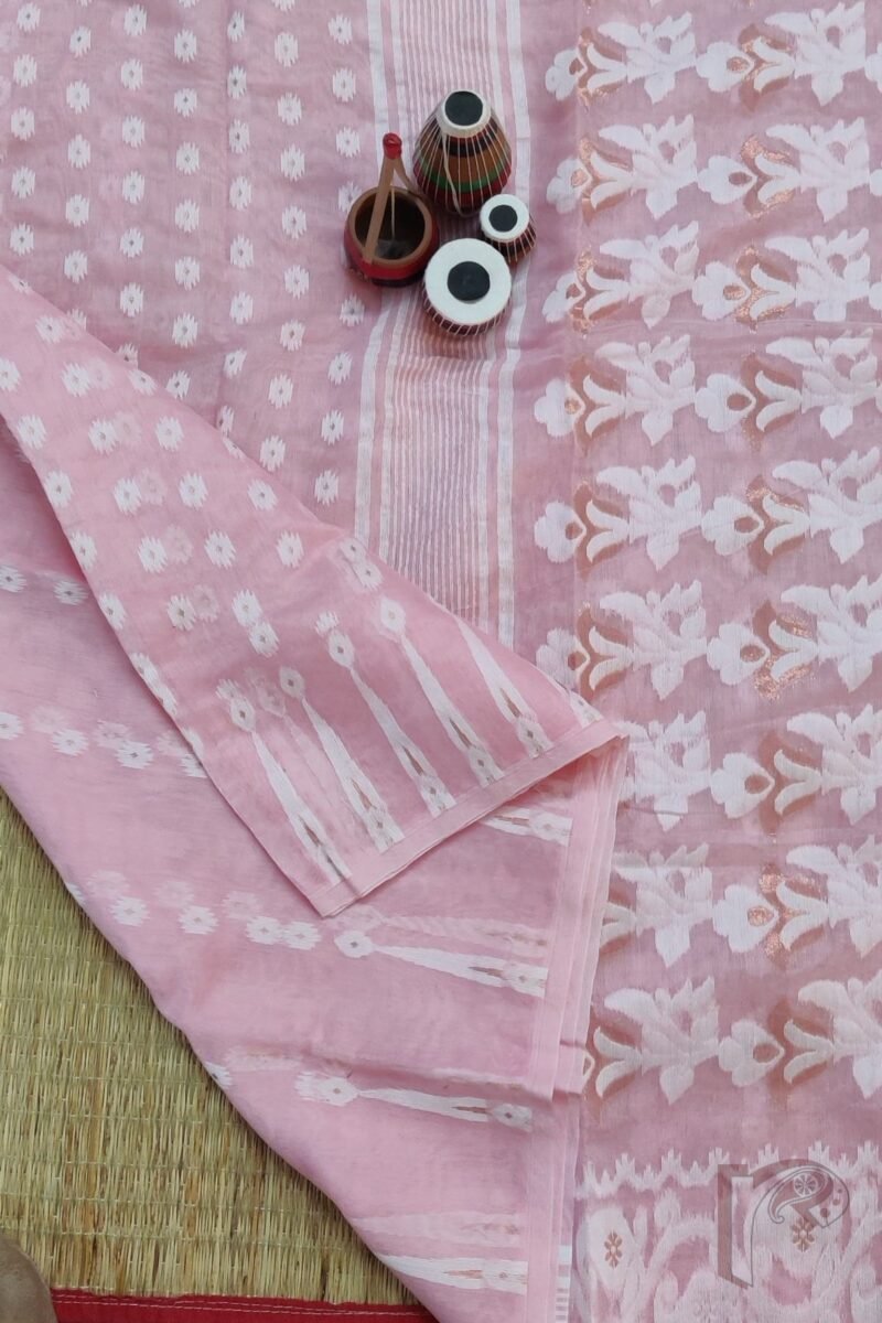 Jamdani Joy – Baby Pink Mercerized Cotton Jamdani Saree with White and Bronze Details - Image 7