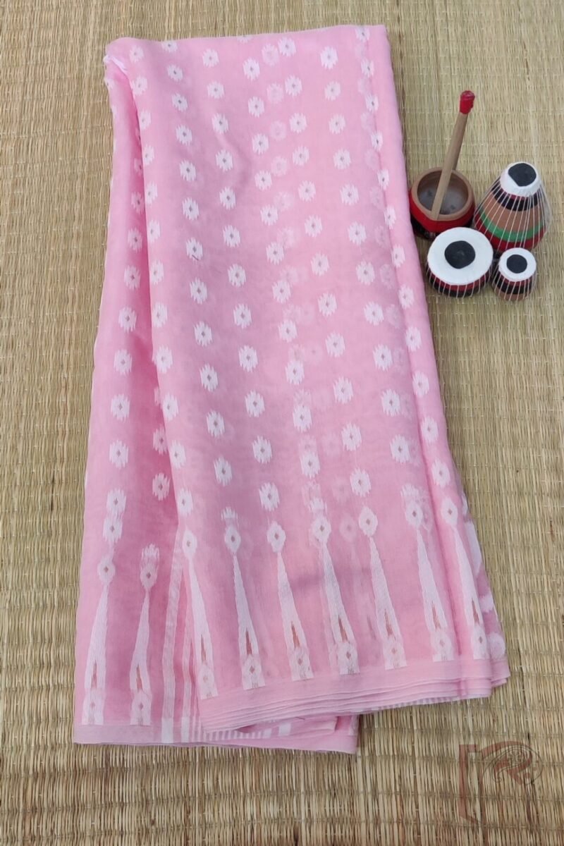 Jamdani Joy – Baby Pink Mercerized Cotton Jamdani Saree with White and Bronze Details