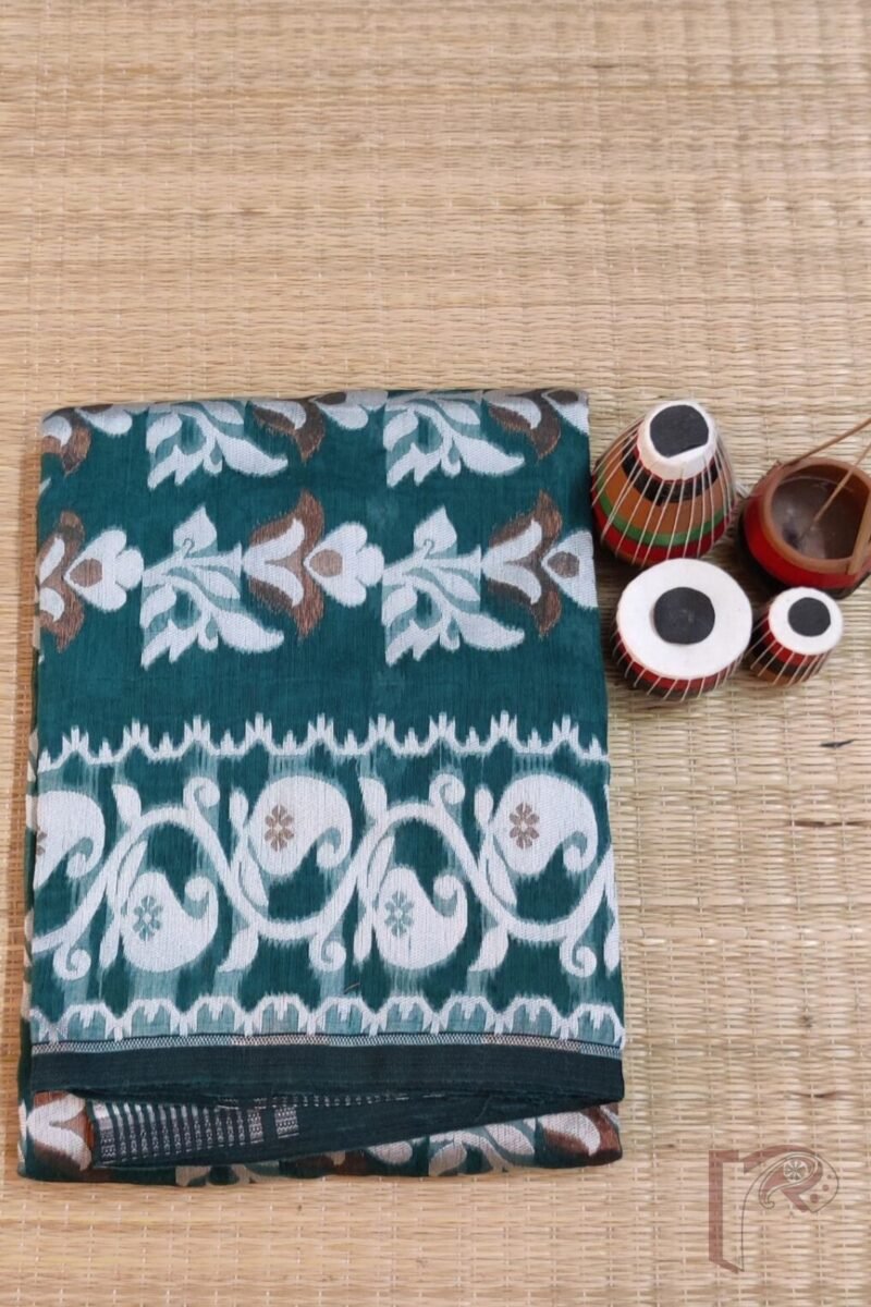 Jamdani Joy – Bottle Green Mercerized Cotton Jamdani Saree with Bronze and White Thread Motifs - Image 2