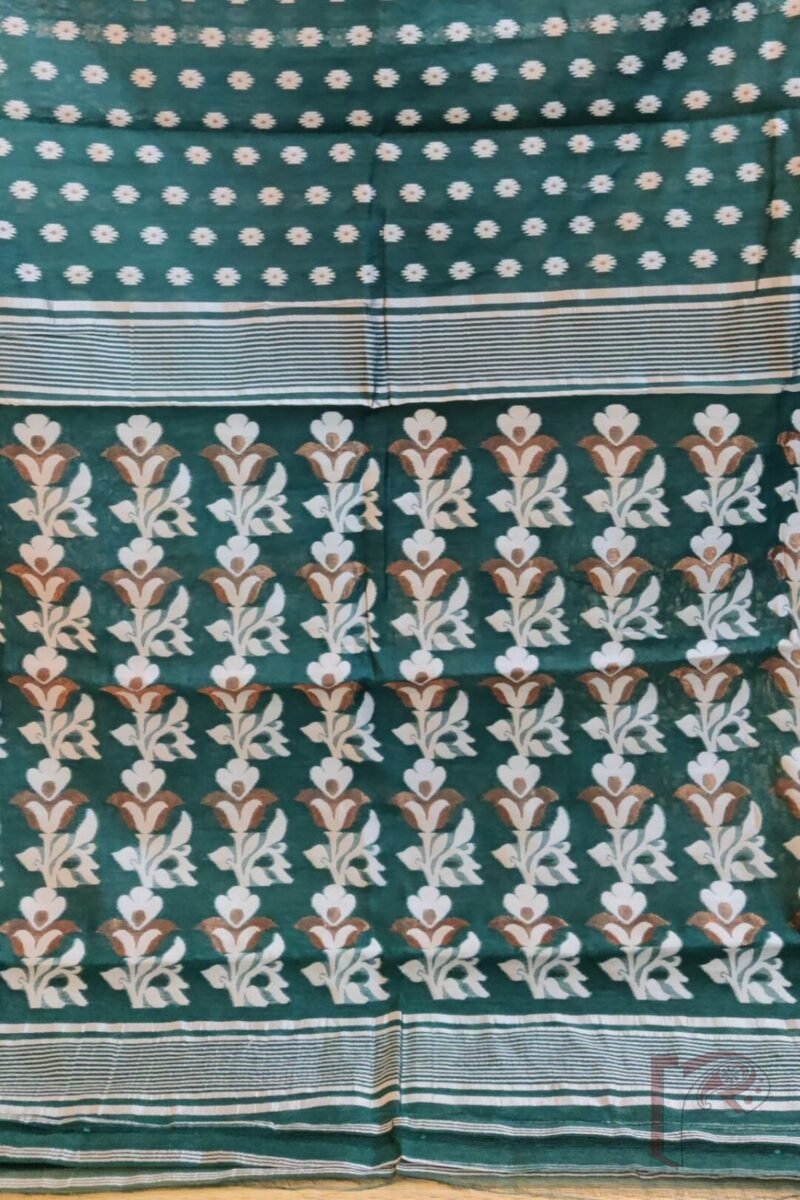Jamdani Joy – Bottle Green Mercerized Cotton Jamdani Saree with Bronze and White Thread Motifs - Image 3