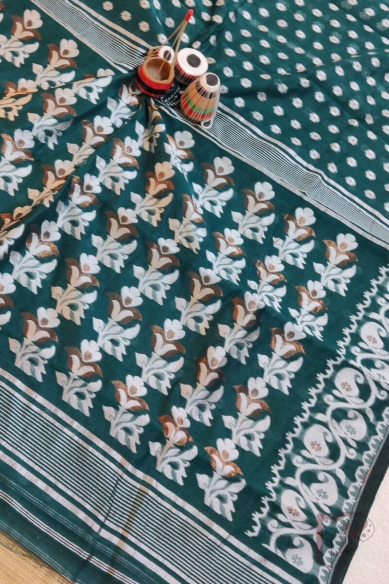 Jamdani Joy – Bottle Green Mercerized Cotton Jamdani Saree with Bronze and White Thread Motifs - Image 5