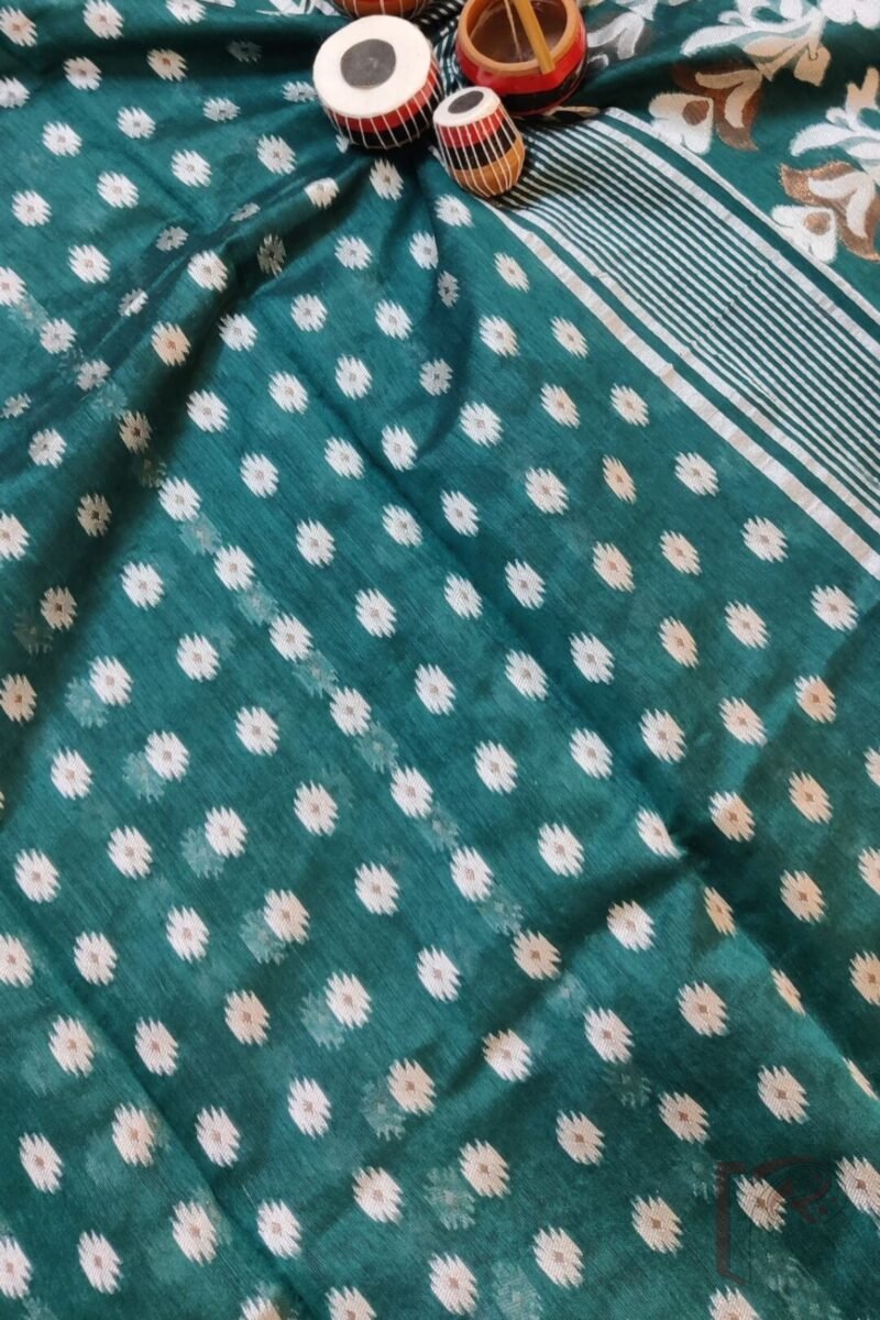 Jamdani Joy – Bottle Green Mercerized Cotton Jamdani Saree with Bronze and White Thread Motifs - Image 6