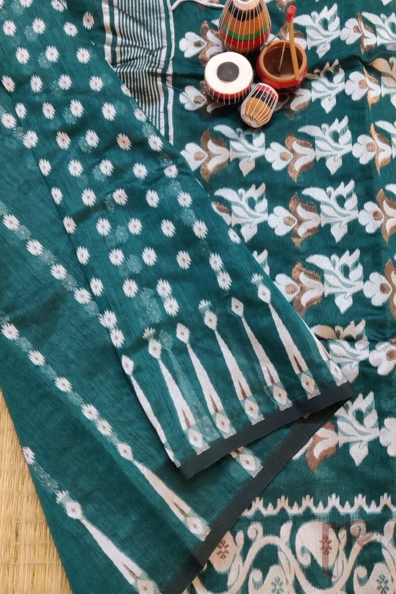 Jamdani Joy – Bottle Green Mercerized Cotton Jamdani Saree with Bronze and White Thread Motifs - Image 7