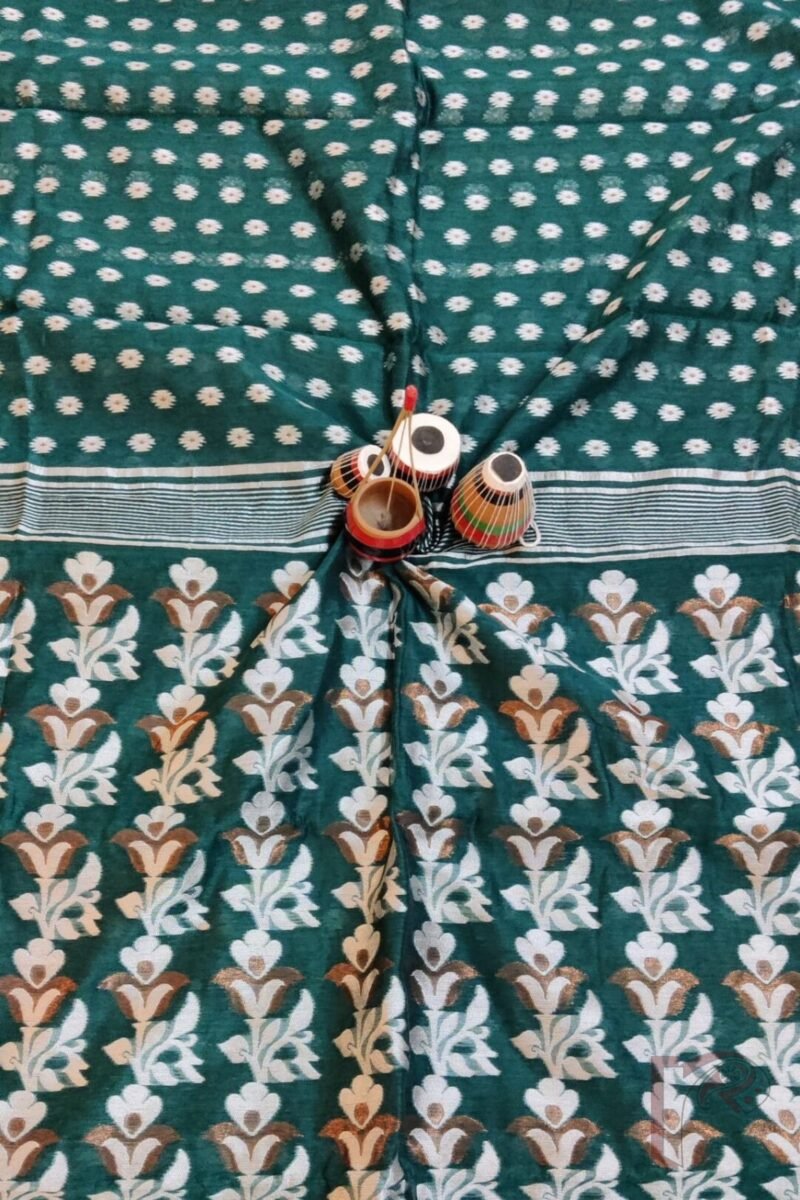 Jamdani Joy – Bottle Green Mercerized Cotton Jamdani Saree with Bronze and White Thread Motifs - Image 8
