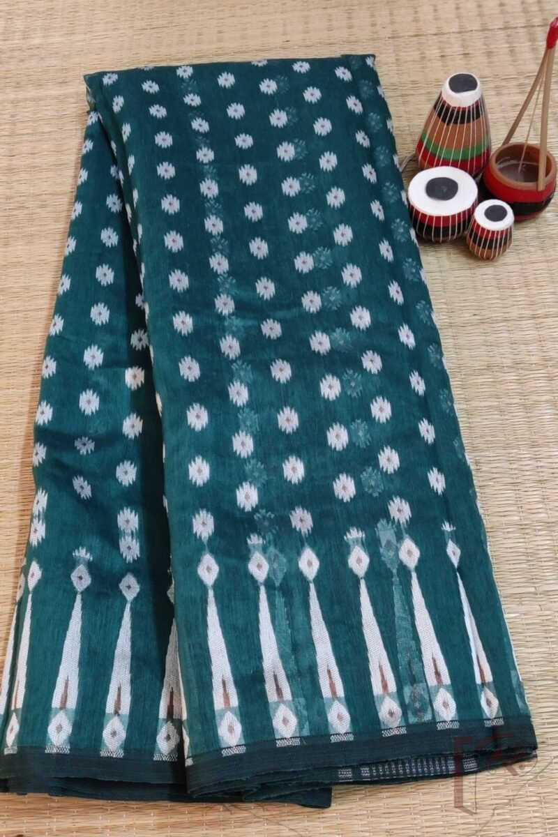Jamdani Joy – Bottle Green Mercerized Cotton Jamdani Saree with Bronze and White Thread Motifs