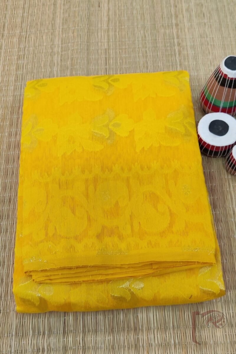 Jamdani Joy – Bright Orange Mercerized Cotton Jamdani Saree with Yellow and Gold Weave - Image 2